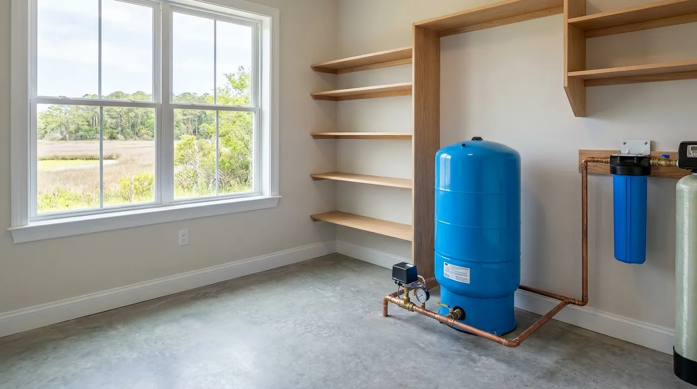 Bladder pressure tank and pressure switch in a Chesapeake utility space