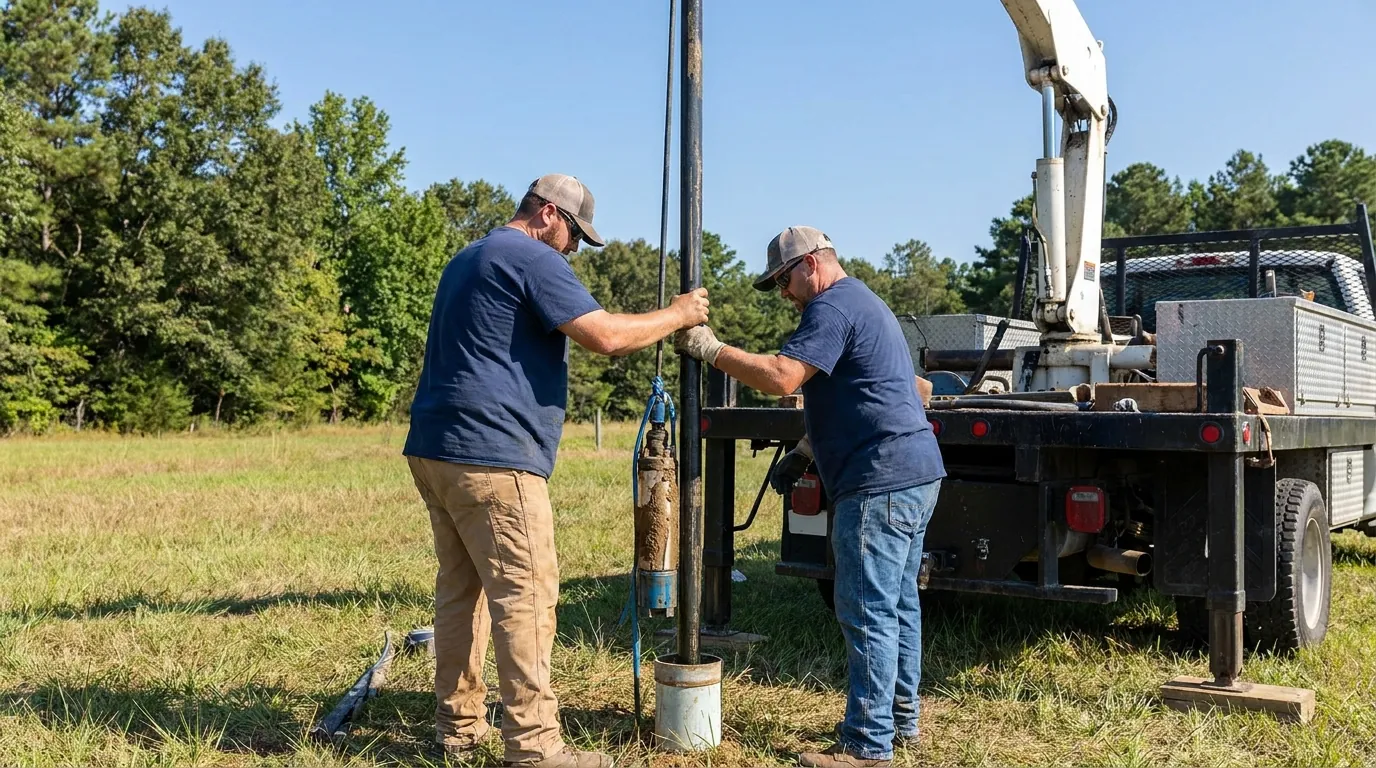 Submersible pump and drop pipe being drawn up from a cased well in Chesapeake