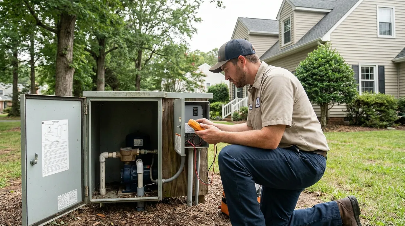 Technician diagnosing a well pump repair in Chesapeake, VA