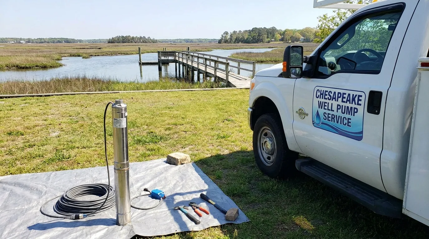 New submersible well pump and drop pipe laid out before installation